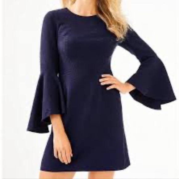 Lilly Pulitzer jacquard palm leaf bell sleeve Midnight Blue Leaf Dress size 10 - Picture 10 of 14